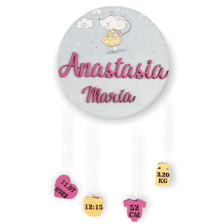 Decor personalizat cu detaliile nașterii - Soricel fetita