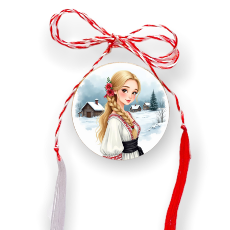 Brosa martisor din lemn - cerc - Fata traditionala