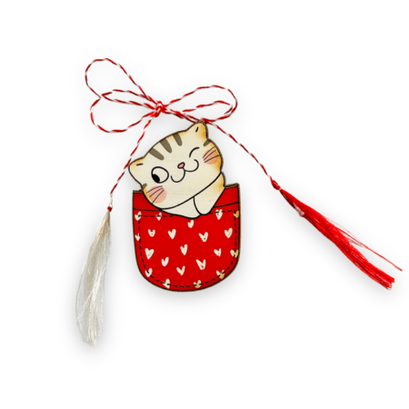 Brosa martisor din lemn - Pisica Buzunar INIMIOARE