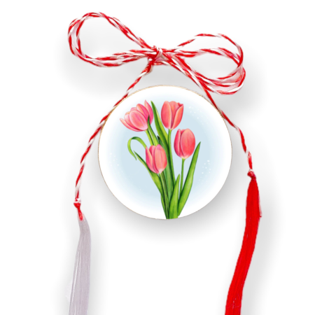 Brosa martisor din lemn - cerc - Buchet lalele