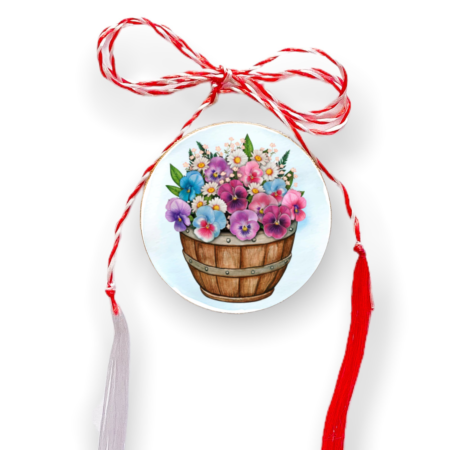 Brosa martisor din lemn - cerc - Cos cu flori