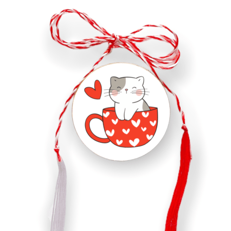 Brosa martisor din lemn - cerc - Pisica ceasca