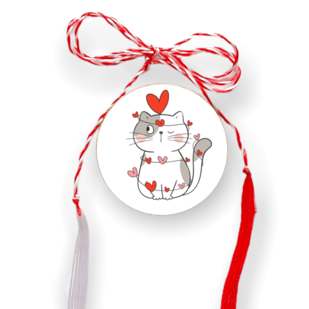 Brosa martisor din lemn - cerc - Pisica inimioare