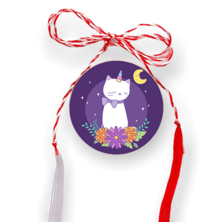 Brosa martisor din lemn - cerc - Pisica unicorn