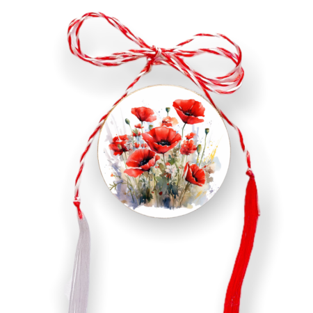 Brosa martisor din lemn - cerc -  Buchet maci