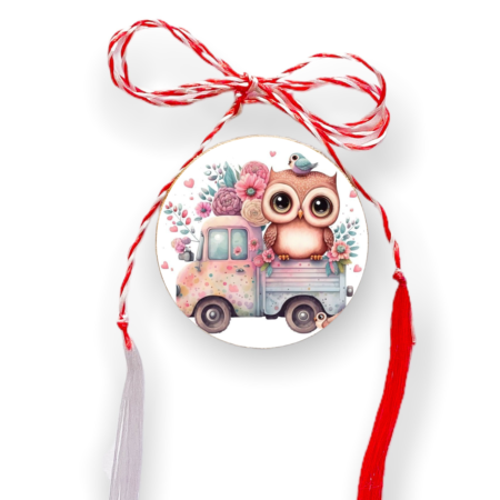 Brosa martisor din lemn - cerc -  Bufnita masina