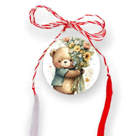 Brosa martisor din lemn - cerc - Ursulet flori