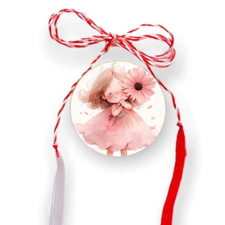 Brosa martisor din lemn - cerc - Fetita floare roz