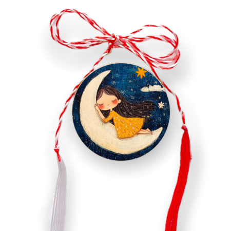 Brosa martisor din lemn - cerc - Fetita luna