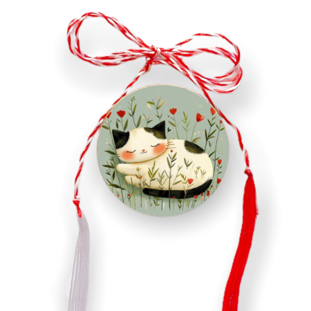 Brosa martisor din lemn - cerc - Pisicuta in flori