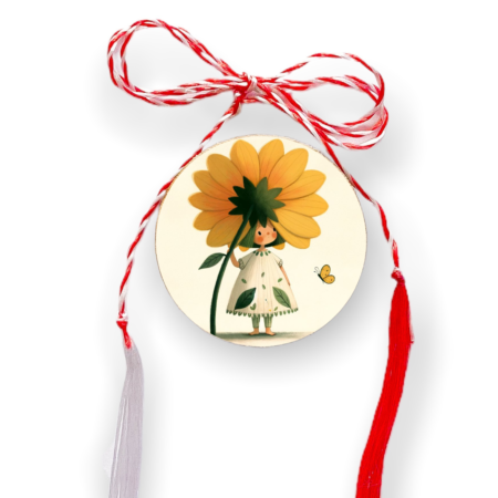 Brosa martisor din lemn - cerc - Fetita floarea soarelui