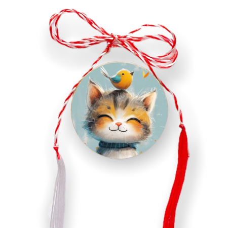 Brosa martisor din lemn - cerc - Pisica vesela pasare