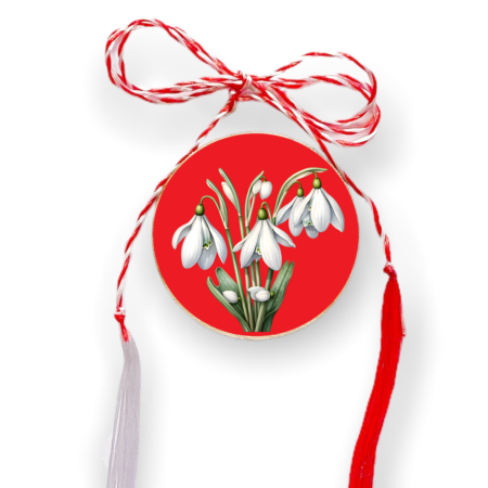 Brosa martisor din lemn - cerc - Rosu - Ghiocei