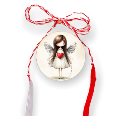 Brosa martisor din lemn - cerc - Ingeras inimioara