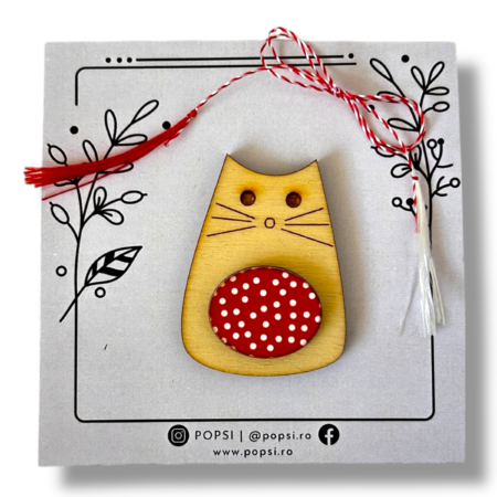 Brosa martisor din lemn natur - Pisica