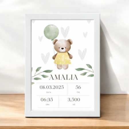 Tablou personalizat cu detaliile nașterii A4/A3- Iepuras balon verde