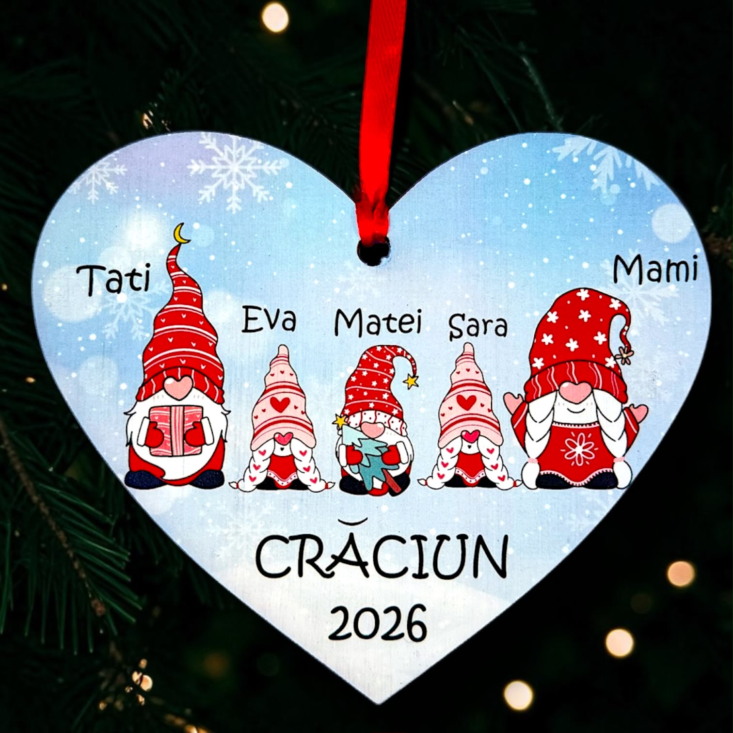 Inimă Personalizată cu Membrii Familiei – 3 copii - 2 Fete + 1 Baiat