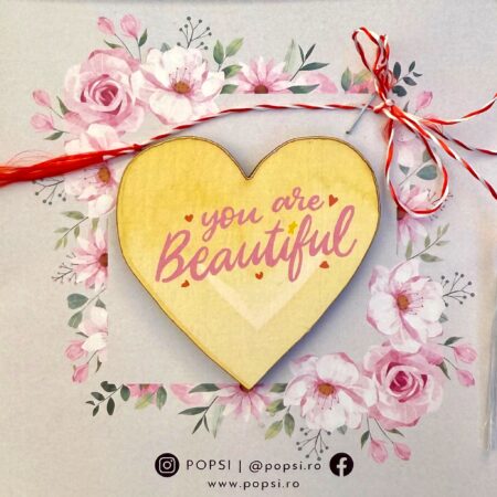 Brosa martisor din lemn - Inima "You are Beautiful"