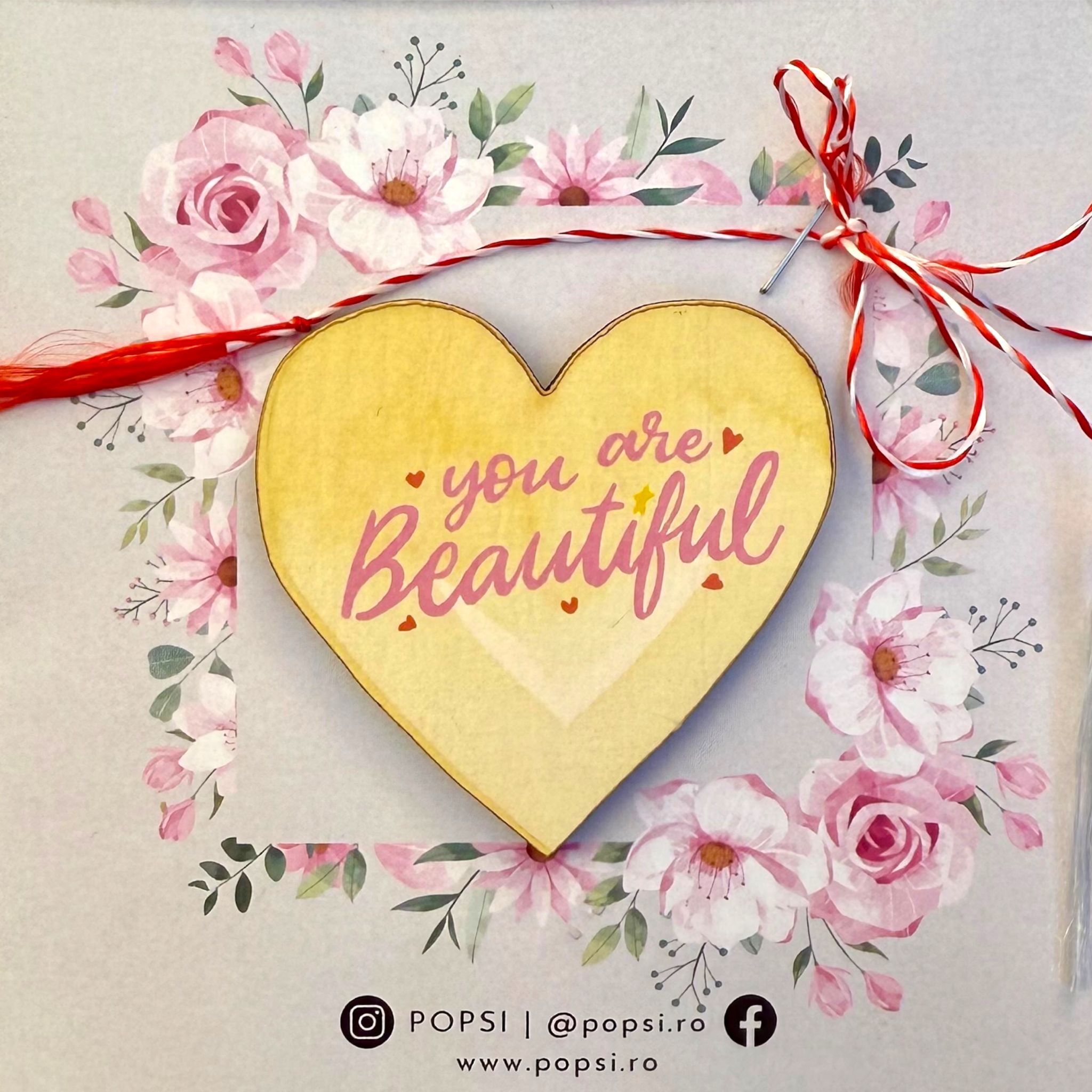 Brosa martisor din lemn - Inima "You are Beautiful"