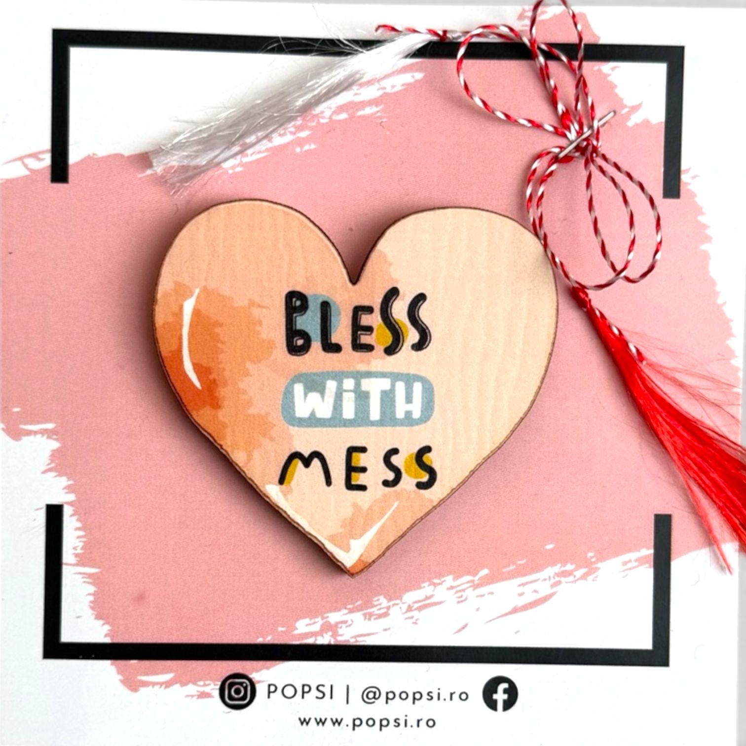 Brosa martisor din lemn - Inima "Bless with mess"