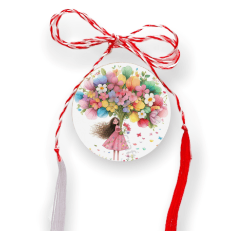 Brosa martisor din lemn - cerc - Fetita buchet flori